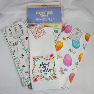 Easter Spring Time Kitchen Drying Mat 18"x24" & 3- 2 Pack Kitchen Towels New